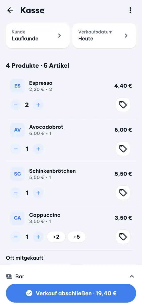 9POS-Kassenbildschirm mit den Artikeln des Verkaufs.