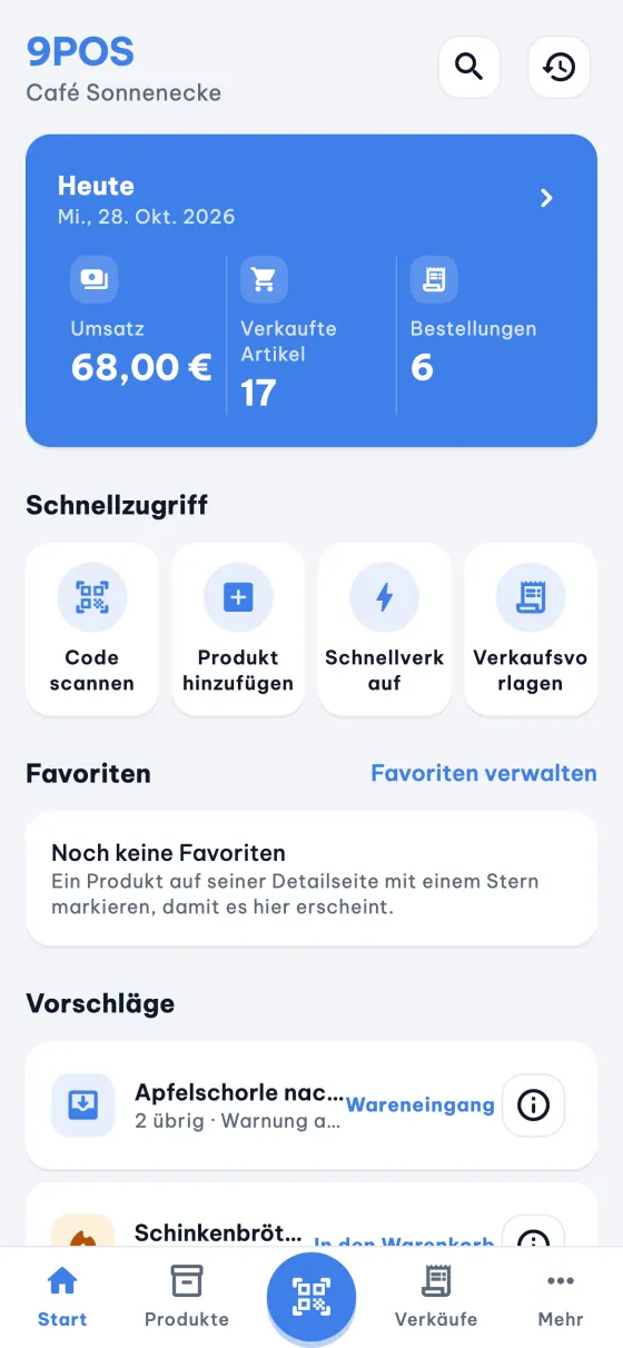 9POS Start: Tageseinnahmen, Schnellaktionen und Vorschläge.