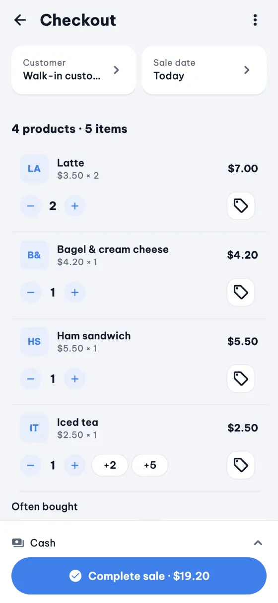9POS checkout screen listing the items in the sale.