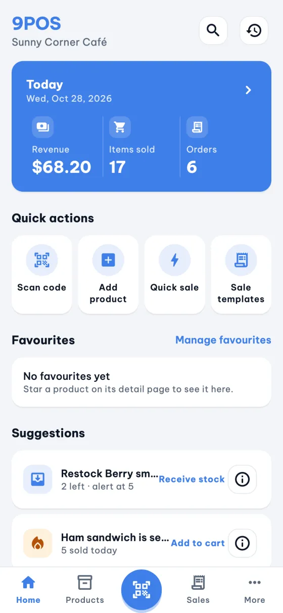 9POS Home: today's takings, quick actions and suggestions.