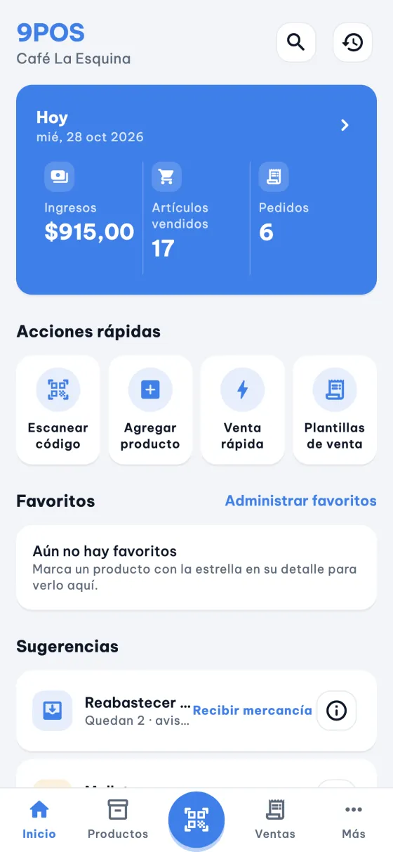 Inicio de 9POS: ventas de hoy, acciones rápidas y sugerencias.