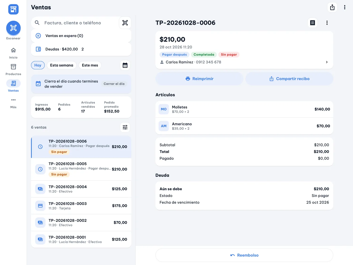 9POS en una tableta: la lista de ventas a la izquierda y la venta seleccionada a la derecha.