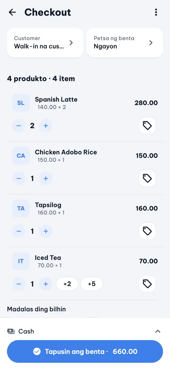 Checkout screen ng 9POS na naglilista ng mga item sa benta.