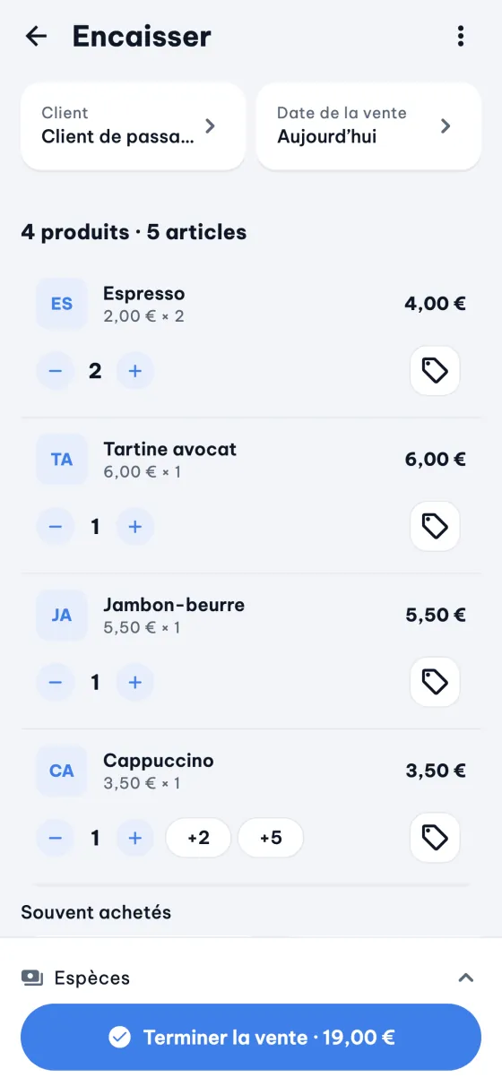Écran d'encaissement 9POS listant les articles de la vente.