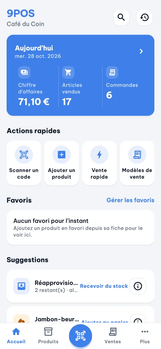Accueil de 9POS : recette du jour, actions rapides et suggestions.