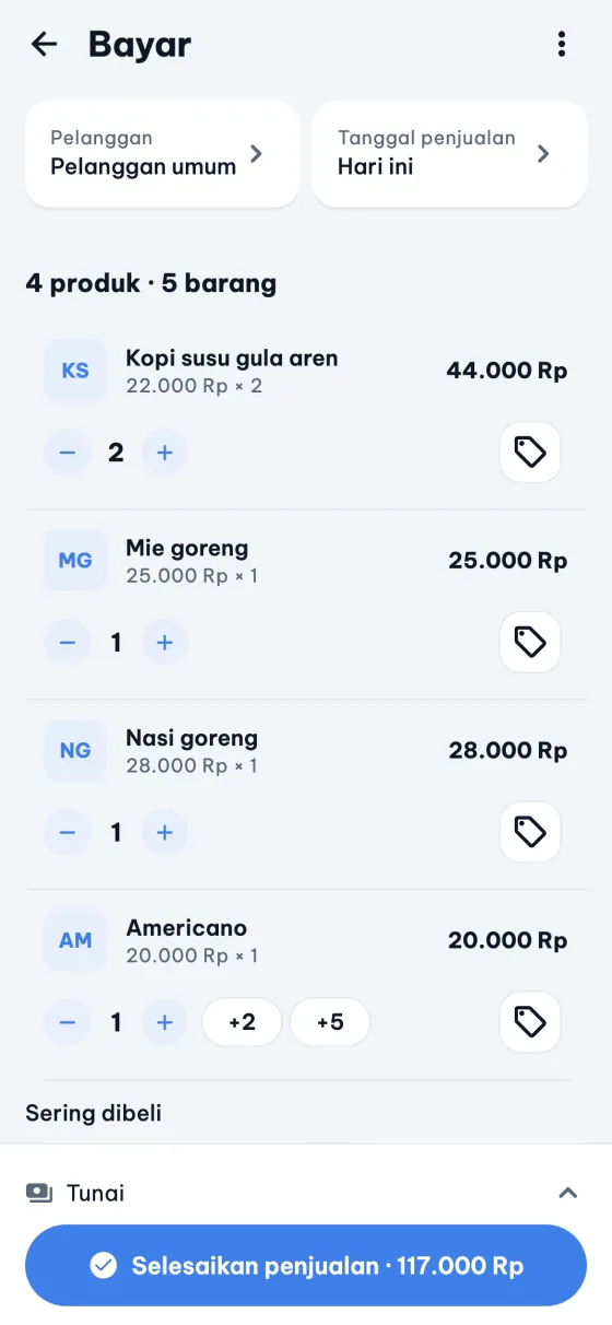 Layar pembayaran 9POS yang menampilkan daftar barang dalam penjualan.