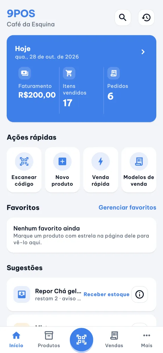 Início do 9POS: vendas de hoje, ações rápidas e sugestões.