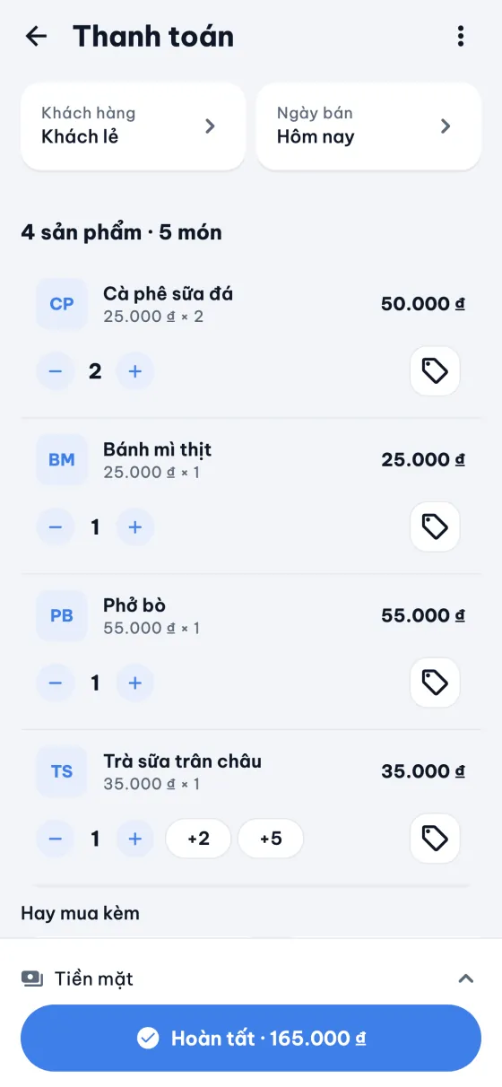 Màn hình thanh toán 9POS liệt kê các món trong đơn.