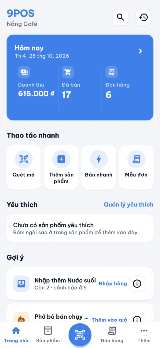 Trang chủ 9POS: doanh thu hôm nay, thao tác nhanh và gợi ý.